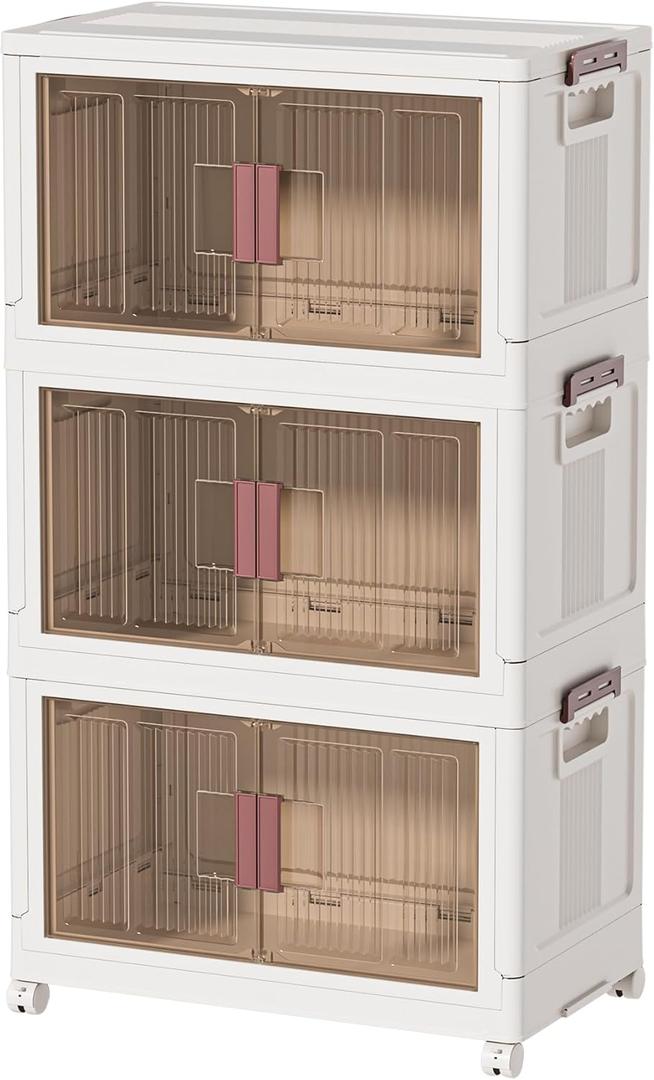 45GAL/180QT 3 tier large stackable storage bins with lid and wheels, collapsible storage bins plastic with doorssuit for clothes, closet, home and office