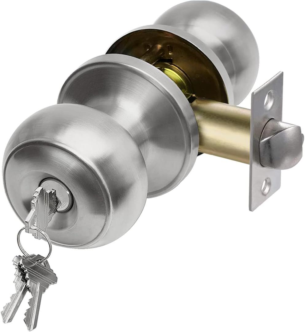 CML Hardware Keyed Entry Door Knob Set, Entrance Door Lock in Solid Stainless Steel for Exterior and Interior, Round Ball Handle, 1 Pack