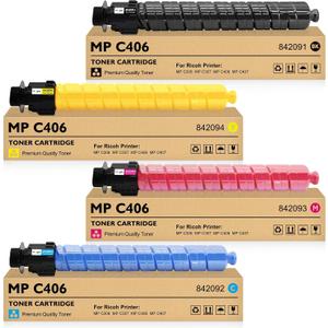 MP C306 MP C307 MP C406 MP C407 Toner Cartridge 4 Pack Compatible for Ricoh | Replacement for Ricoh 842091 842092 842093 842094 Toner for MP C306 C307 C406 C407 Printer Ink (Black, Cyan, Magenta, Yellow)