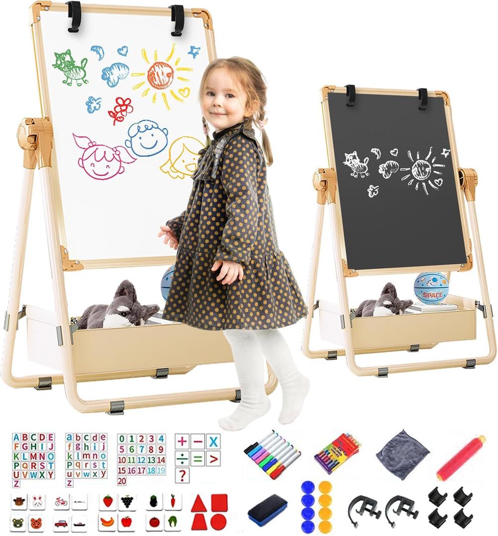 Kids Art Easel Double-Sided IStanding Easel with Paper Clip Foldable Drawing Board Height Adjustable Standing Easel 360 Rotatable Whiteboard Chalkboard with Accessories Gift for Boys Girls Toddlers