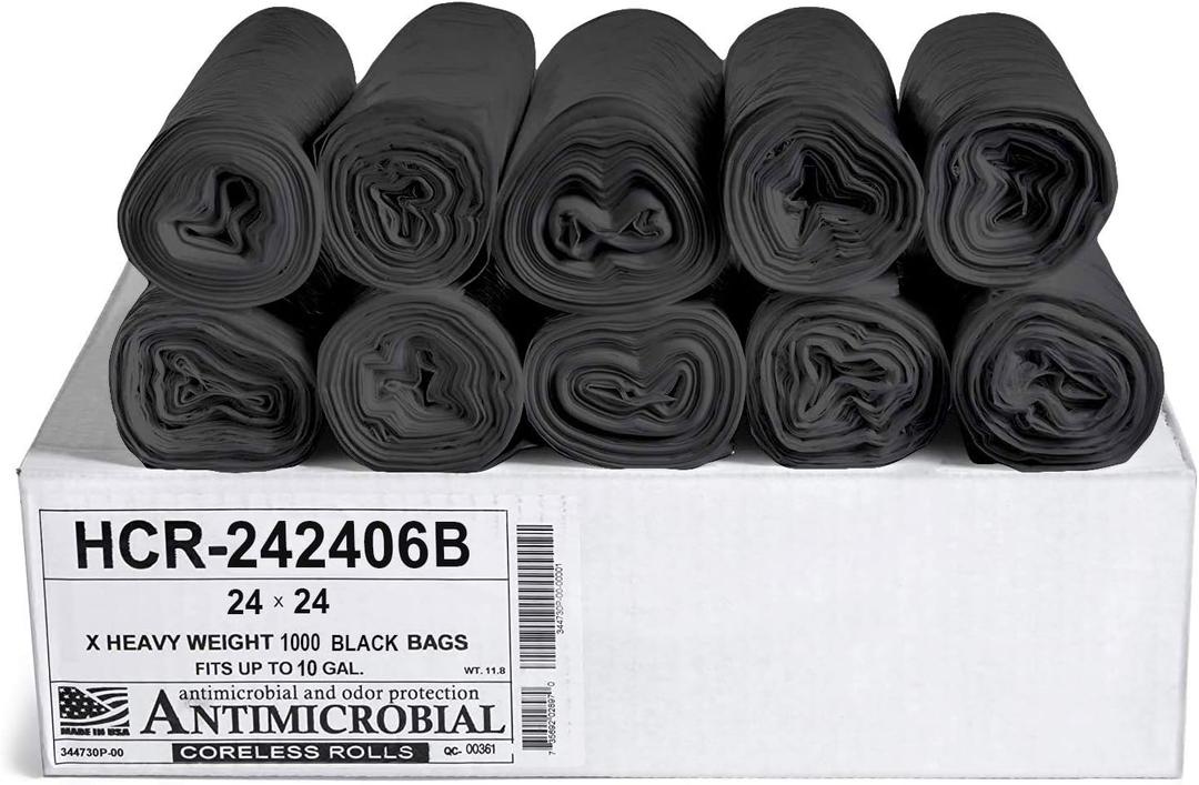 Aluf Plastics High Density Trash Bags, 10 Gallon, 1000 Count, 6 Micron (eq), 24" x 24", Black, for Bathroom, Office, Industrial, Commercial, Janitorial, Municipal, Recycling