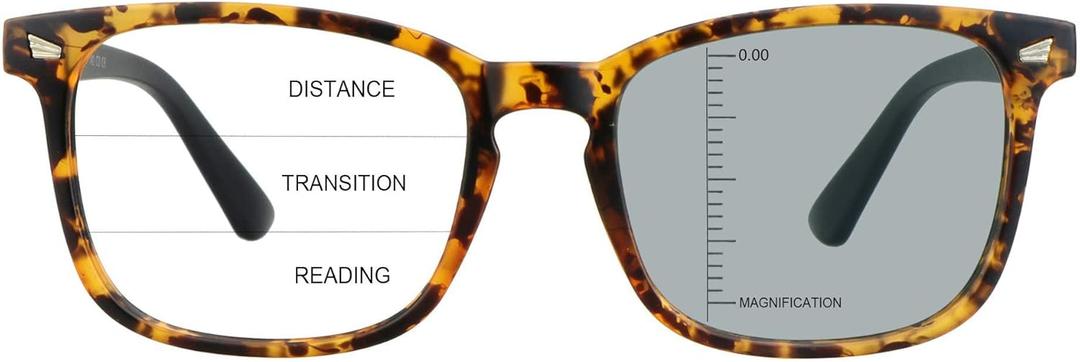 Vintage Square Progressive Multifocal Presbyopic Glasses, Photochromic Gray Sunglasses for Men Women Readers (Dark Tortoise,+0.00/+1.50 Magnification)