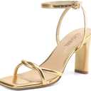 Womens Sandals Square Open Toe Strappy Heels for Women Dressy Chunky High Heels Ankle Buckle Heeled Sandals for Women Comfort Wedding Prom Party Shoes (9.5, Gold)