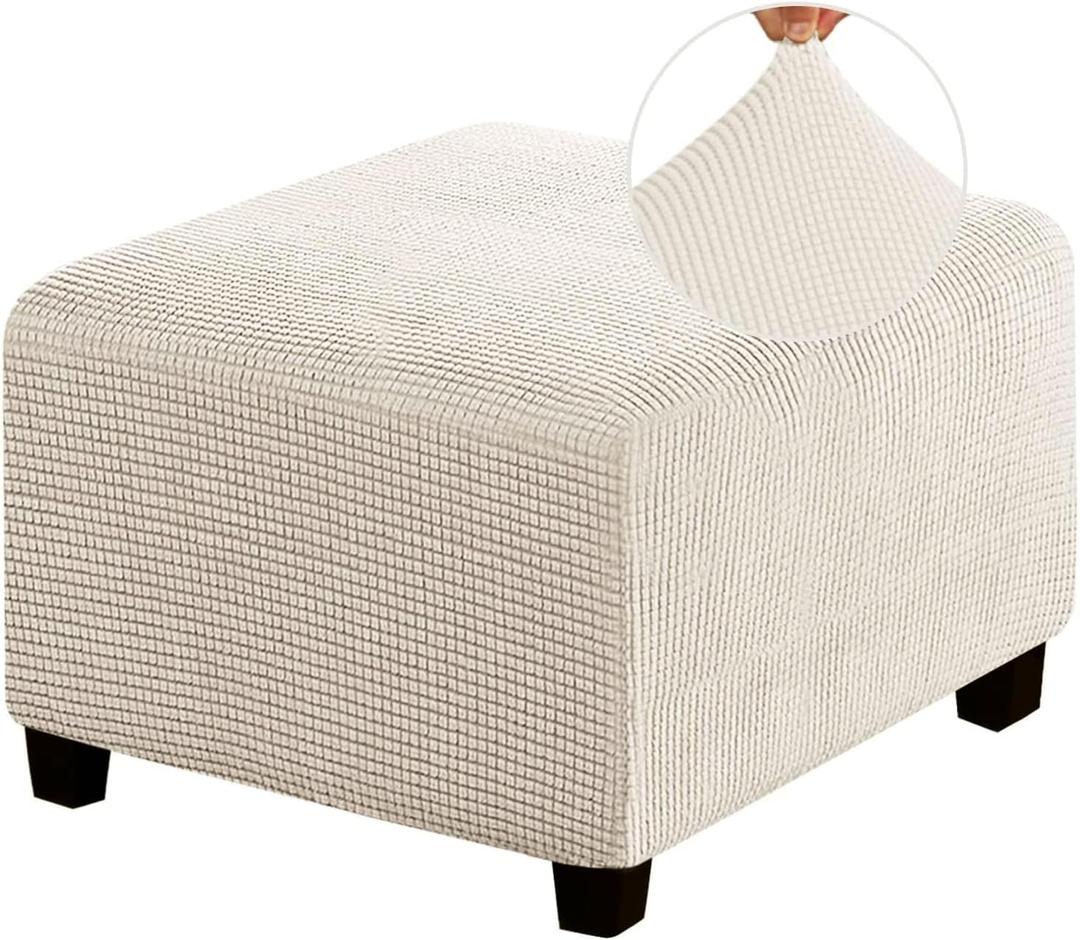 Stretch Ottoman Cover Ottoman Slipcovers Square for Living Room Foot Stool Stretch Covers to Fit Ottoman Foot Rest, Thick Checked Jacquard Fabric with Elastic Bottom (Medium Size, Biscotti Beige)