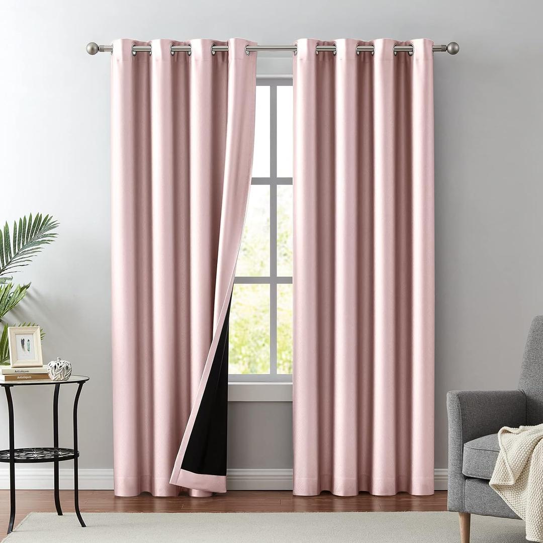 Melodieux Pink Blackout Curtains 96 Inches Long for Living Room, Thermal Insulated Energy Saving Grommet Embossed Satin Drapes with Black Lining, 52 by 96 Inch, 2 Panels
