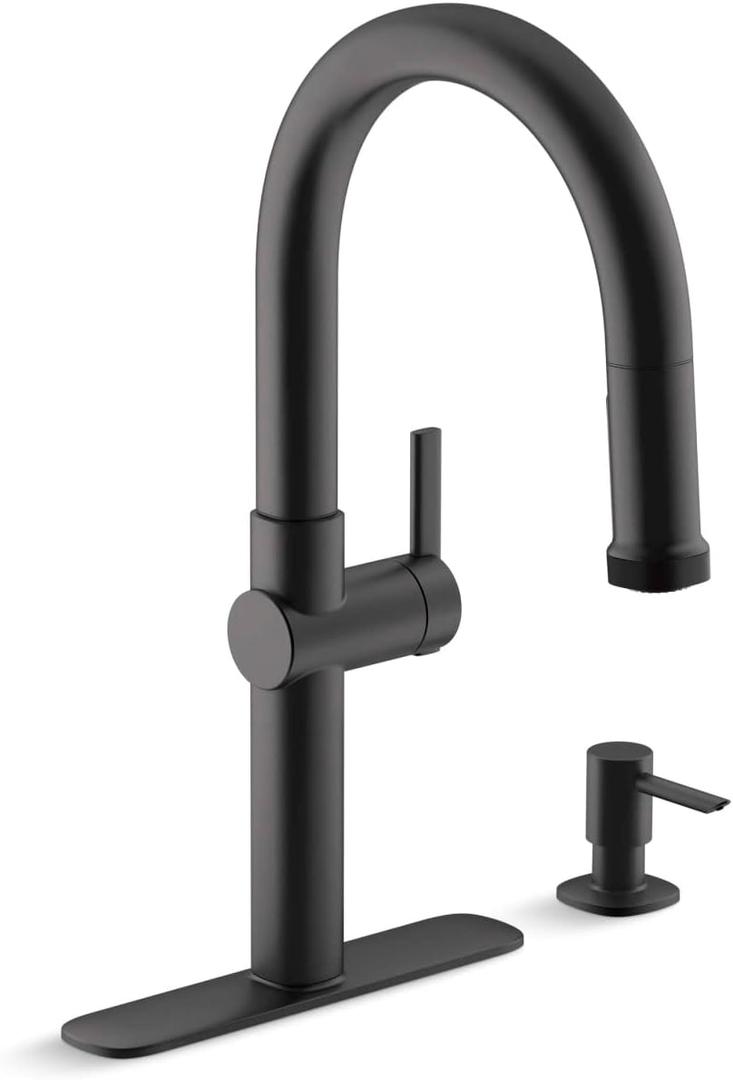 Kohler R22153-SD-BL Rune Single Handle Kitchen Faucet with Pull Down Sprayer and Soap Dispenser, Matte Black