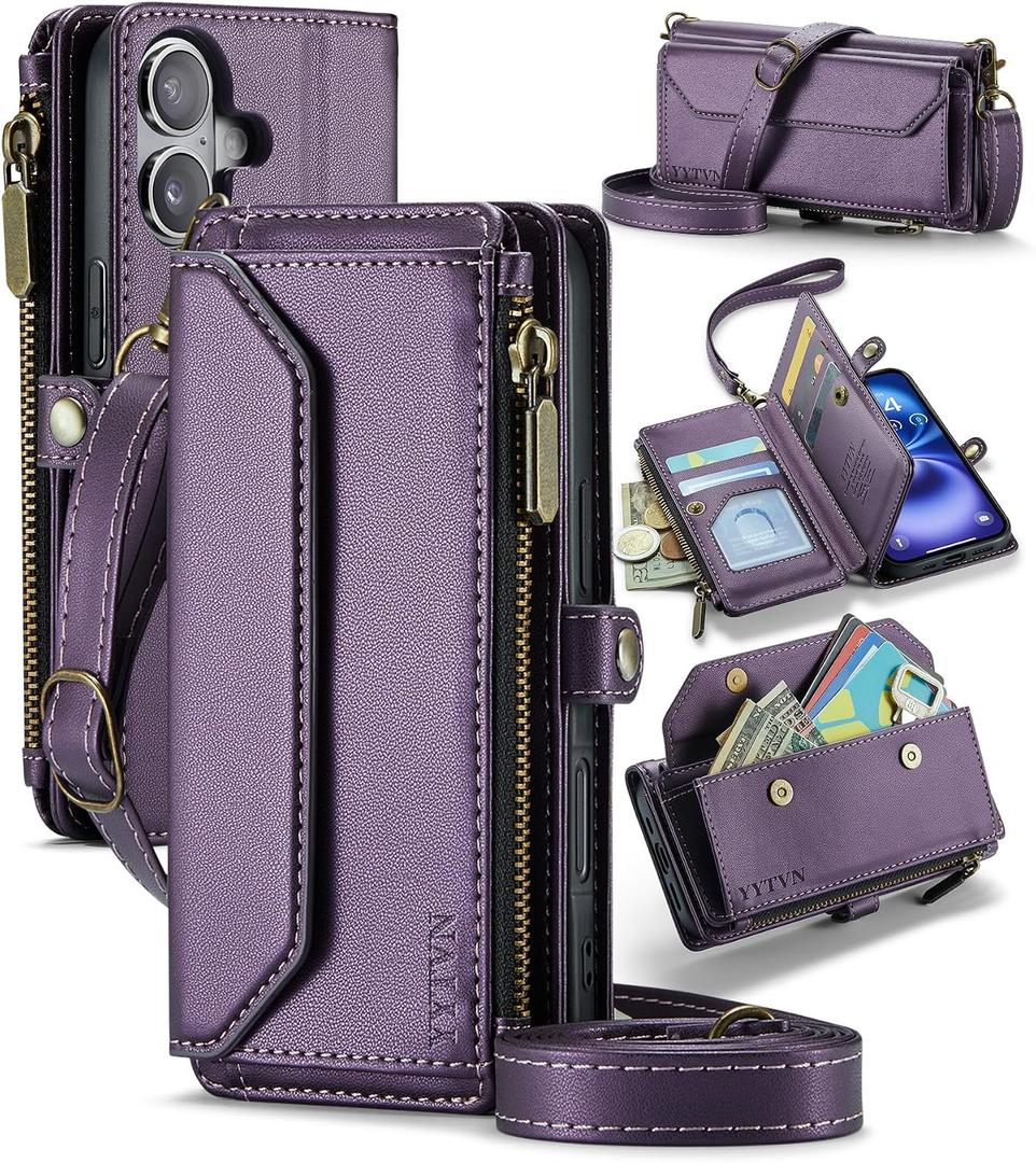for iPhone 17 Wallet Case with Zipper Card Holder & Crossbody Lanyard Strap & Wrist Strap, RFID Blocking PU Leather Magnetic Flip Handbag Purse Case for iPhone 17 -Purple