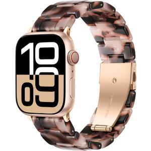 Light Resin Strap Compatible with Apple Watch Band for Women 38/40/41/42/44/45/46/49mm, Fashion and Durable Strap with Stainless Steel Buckle for iWatch Series 10/9/8/7/6/5/4/3/2/1/SE/Ultra/Ultra 2 (Pink Black Agate - Rose Gold)