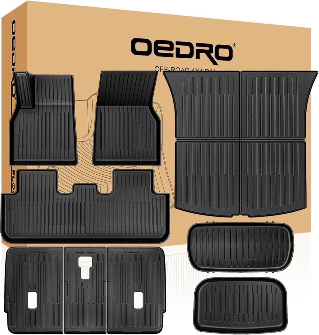 OEDRO Floor Mats for Tesla Model Y Juniper 2025-2026, Front & Rear Mats with Cargo Liner and Seatback Protector, Custom Fit TPE All-Weather Odorless Non-Slip Black Accessories