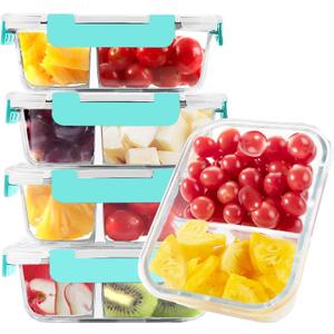 BAYZZ 5 Pack 35 Oz Glass Meal Prep Containers 2 Compartments, Glass Storage Containers with Lids, Airtight Lunch Bento Boxes, BPA-Free, Microwave and Freezer Safe,Green