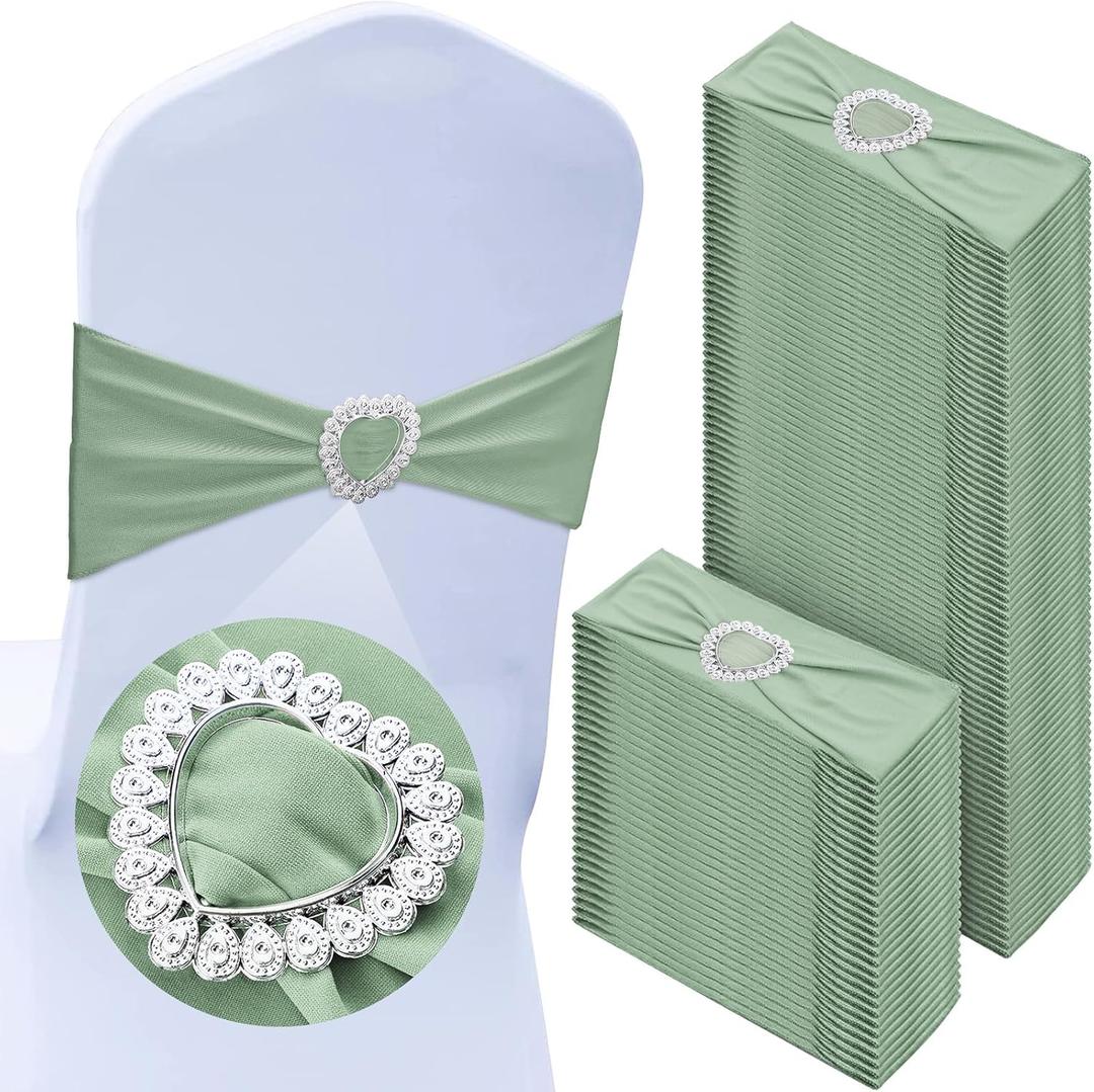 VitalCozy 100 Pcs Spandex Chair Sashes with Heart Shaped Buckle Slider Stretch Chair Cover Band Universal Elastic Ties for Wedding Banquet Event Party Decoration(Sage Green)