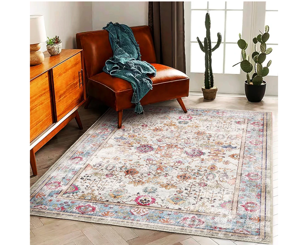 5'x7' Washable Vintage Area Rug Traditional Floor Cover Foldable Kitchen Accent Thin Rug Indoor Distressed Non Slip Carpet Floral Print Mat Bedroom Living Room Bathroom