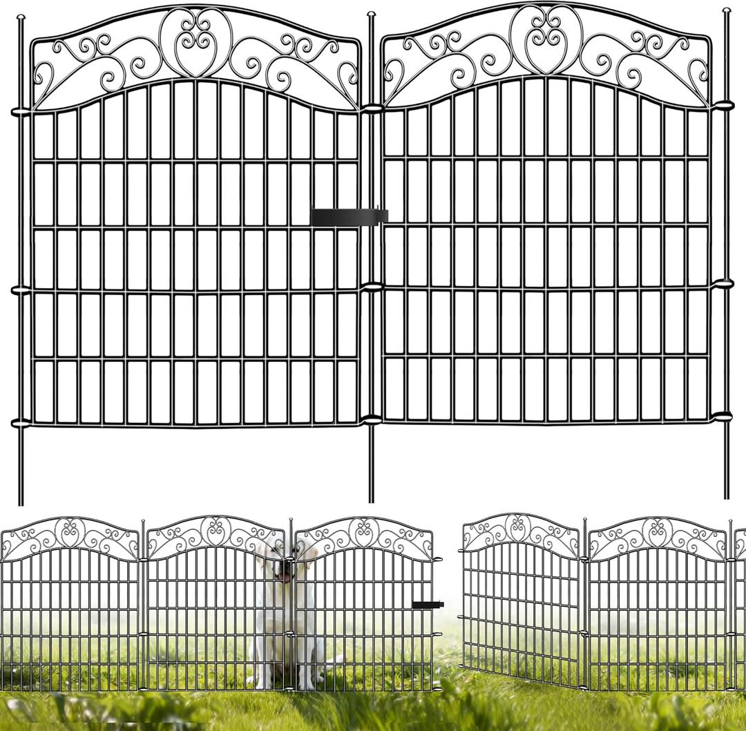 5 Panels No Dig Decorative Outdoor Garden Fence with Gate, 40 in(H) X 11.8 ft(L) Animal Barrier Fencing, Rustproof Portable Fence, Temporary Dog Fence Outdoor for Yard, Outside, Backyard