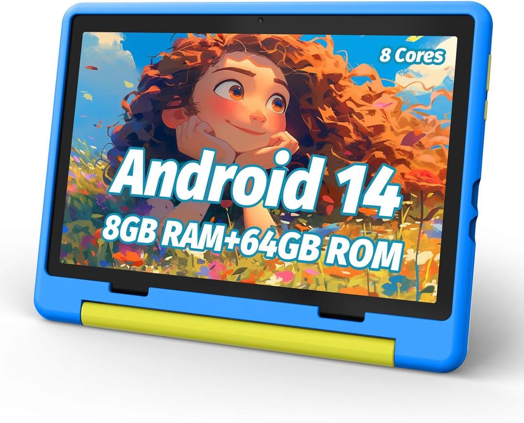 Kids Tablet, Android 14 Tablet for Kids 10 inch Octa-Core with Case, 64GB 1TB TF Card Expandable for Toddler Children, Parental Control, Dual Camera, WiFi, Gift (Blue)