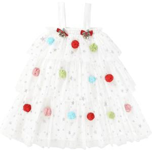 Noubeau Toddler Baby Girl Christmas Dress Star Sequin Layered Green Tutu Dresses Pompom Cake Smash Xmas Clothes (4-5T, White)