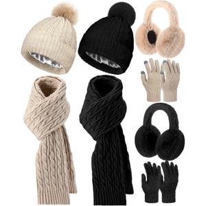 Suhine 8 Pcs Women Hat Scarf Gloves and Earmuff Set Winter Knit Beanie Pompom Hat Warm Touch Screen Gloves for Men Adult (Black, Beige, Stain)