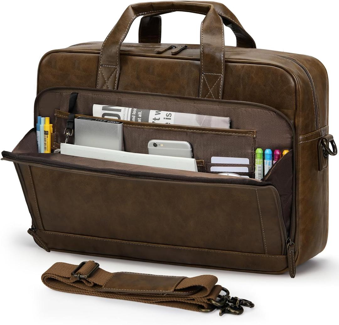 RAINSMORE Mens Laptop Bag 16 Inch Leather Briefcase Vintage Messenger Bag for Men Large Crossbody Shoulder Office Computer Bag Retro College Satchel Bag for Work, Business,Travel, Brown, 16.9 X 5.1 X 12.2 Inches