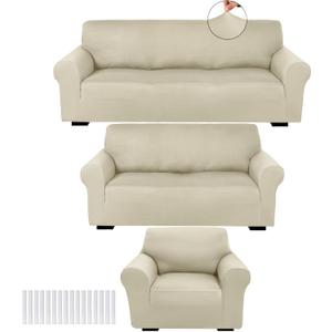 Peryiter 3 Pcs Slipcover Set for Couch Furniture Covers for Sofa Loveseat Couch Arm Chair, Form Fit Stretch, Wrinkle Free, Furniture Protector (Beige,Milk Silk Spandex)