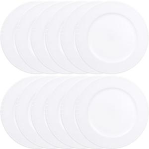 Set of 12 White Charger Plates with Beaded. 13" Reusable Plastic Table Chargers for Dinner Plates (BEADED SILVER)