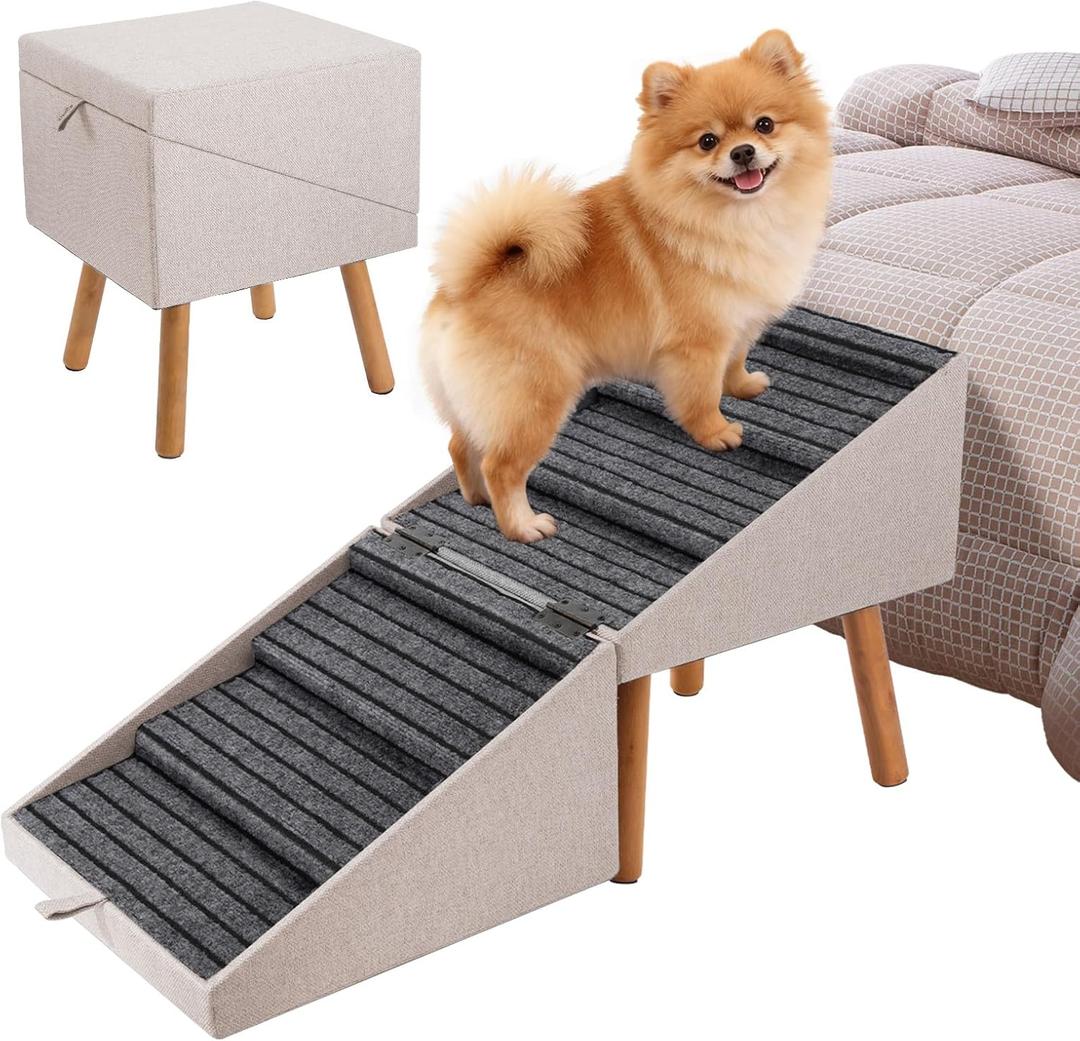 Dog Ramp for Bed & Couch, 21.06 inches High Dog Stairs for Large/Medium/Small Doggie, Foldable 2 in 1 Wooden Pet Steps for Puppy Older and Injured Dogs, Split Ottoman Design, No-Slip Surface (Apricot)