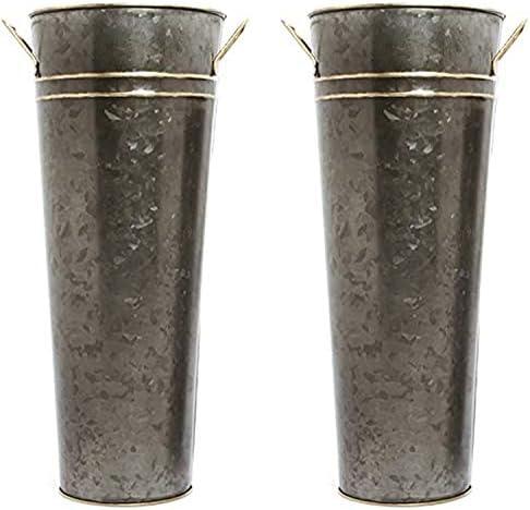 Hosley Set of 2 Zinc Finish French Bucket Vases with Handles 6"Dx15"H Perfect for Weddings, Parties, Country Picnics, Floral Arrangements, Tableware Storage, or Candle Gardens - Rustic Farmhouse Décor