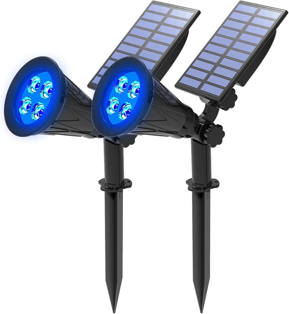T-SUNUS Blue Solar Lights Outdoor Christmas, 2 Modes Garden Spotlights Waterproof IP65 Auto On/Off Security Landscape Pond Spot Light for Tree Flag Patio Garage Yard Driveway Pool Halloween 2 Pack