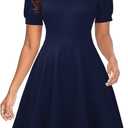 Mokayee Womens Summer Short Puff Sleeve Casual Semi-Formal Fit and Flare Church Wedding Guest Work Dresses with Pockets (Small, 0 Navy Blue)