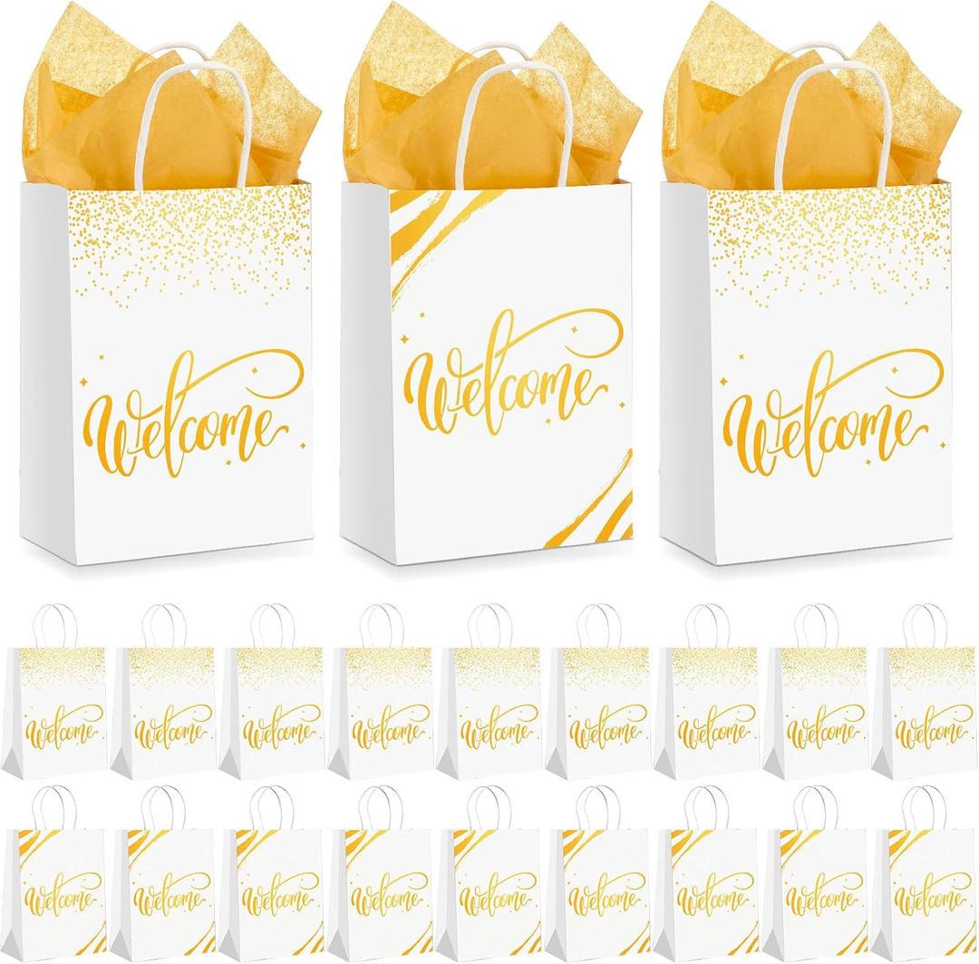 Kosiz 50 Sets Welcome Gift Bags Bulk with Handles and Tissue Paper Welcome to Our Church Kraft Paper Bags for Guests Hotel Wedding Church Visitors Birthday Party Supplies(White)