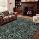 Washable 5x8 Area Rug for Living Room Bedroom Dining Room Office, Non-Slip Low Pile Stain Resistant Soft Carpet for Vintage Floral Oriental Home Decor Dark Green/Navy/Black