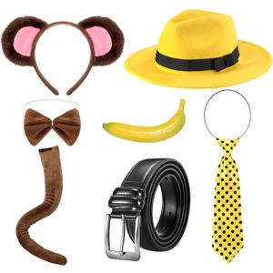 7 Pcs Halloween Couple Costume Set Monkey Ear Tail and Yellow Hat Outfit for Man Woman Curious Cosplay Accessories