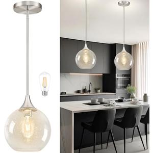 10" Clear Glass Modern Pendant Light Kitchen Island Mid Century Brushed Nickel Modern Pendant Lighting with Glass Globe Modern Hanging Pendant Light for Dining Room FoyerBulb Incl.