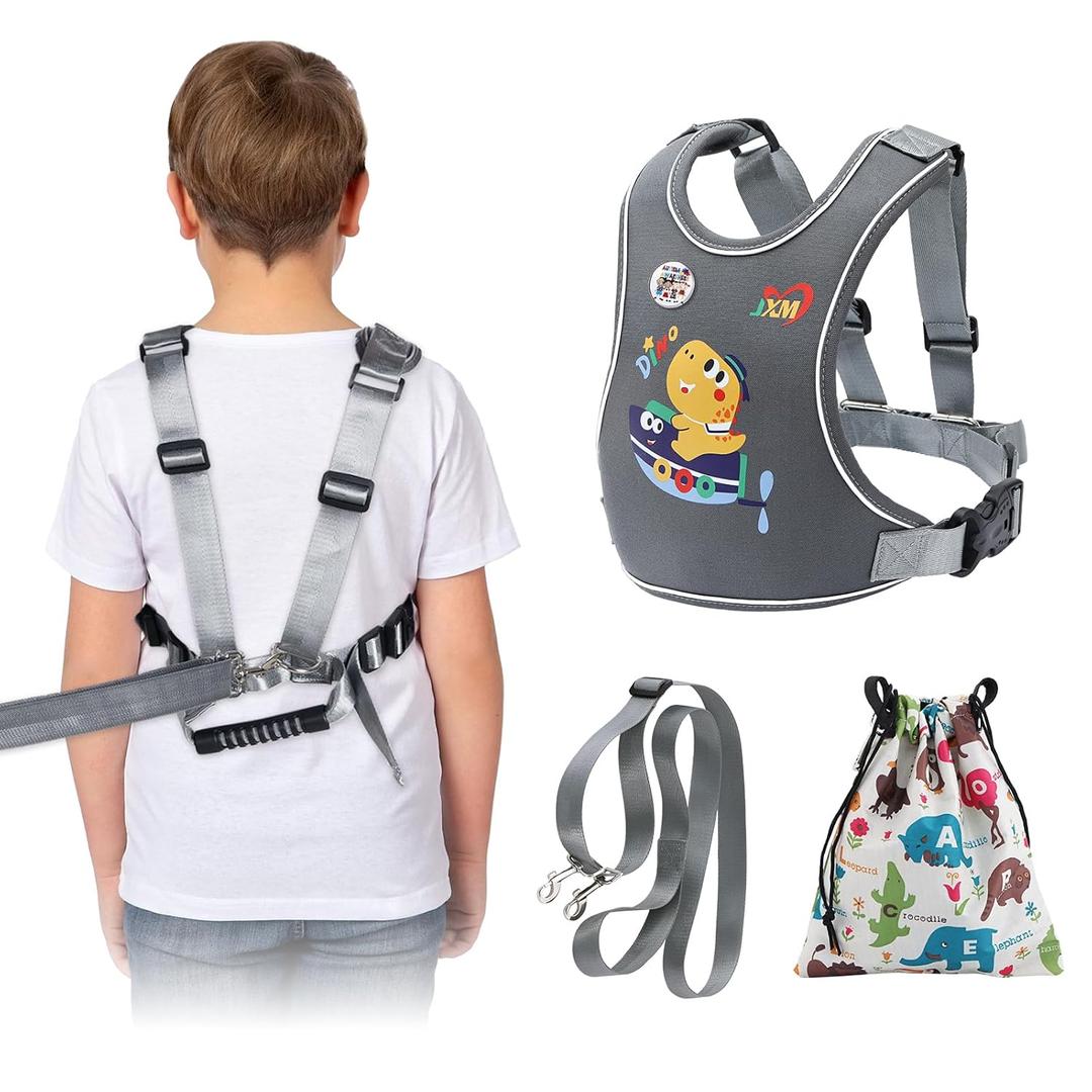 2025 New Safety Harness with Light Reflector for Active Child (3-6 yrs), Secure Vest Walking Harness with Quick Grab Handle and Pouch, Adjustable Tether Leash for Autism Special Needs ADHD/ASD Kids (Small For Height 3'1" - 3'9", Dark Grey)