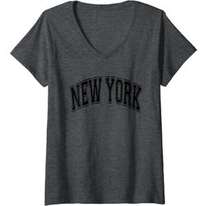 Womens New York Arched Style Text Gray with Black Print V-Neck T-Shirt, S Womens New York Arched Style Text Gray with Black Print V-Neck T-Shirt, S