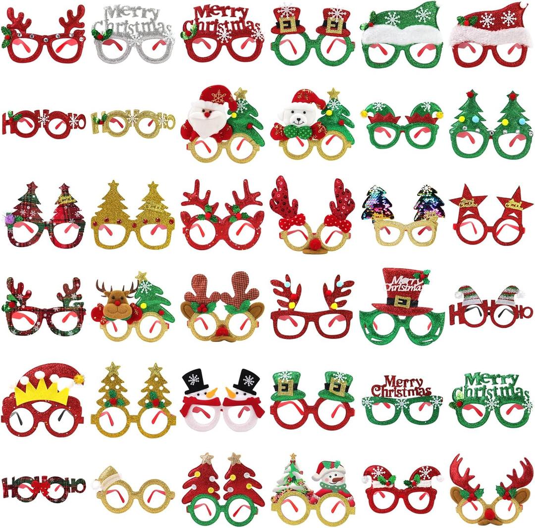 GoosWexmzl 36 Pcs Christmas Glasses Frames, Christmas Tree Santa Reindeer Glitter Eyeglasses, Holiday Favors Photo Booth props
