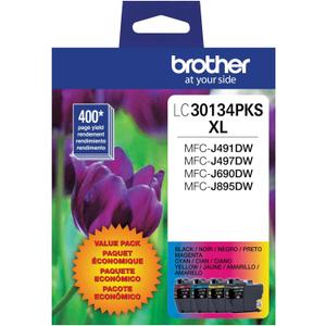 Brother Printer Genuine LC30134PKS 4-Pack High Yield Color Ink Cartridges, Page Yield Up to 400 Pages/Cartridge, Includes Black, Cyan, Magenta and Yellow, LC3013