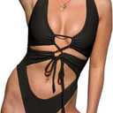 CHYRII Women's Sexy Cutout Lace Up Backless High Cut One Piece Swimsuit Monokini (Black, M)