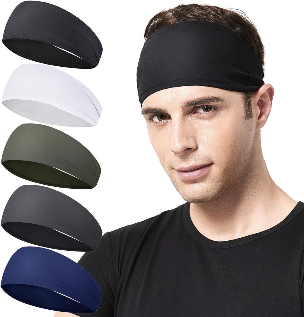 Mens Running Headband,5Pack,Mens Sweatband Sports Headband for Running,Cycling,Basketball,Yoga,Fitness Workout Stretchy Unisex Hairband (Black,White,Green, Dark Gray, Dark Blue)