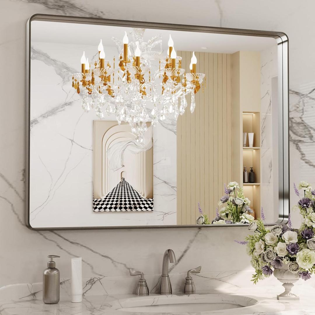 LOAAO 40X32 Inch Brushed Nickel Bathroom Mirror, Rounded Rectangle Silver Metal Frame Mirror, Brushed Nickel, Anti-Rust, Shatter Proof, Hangs Horizontally or Vertically