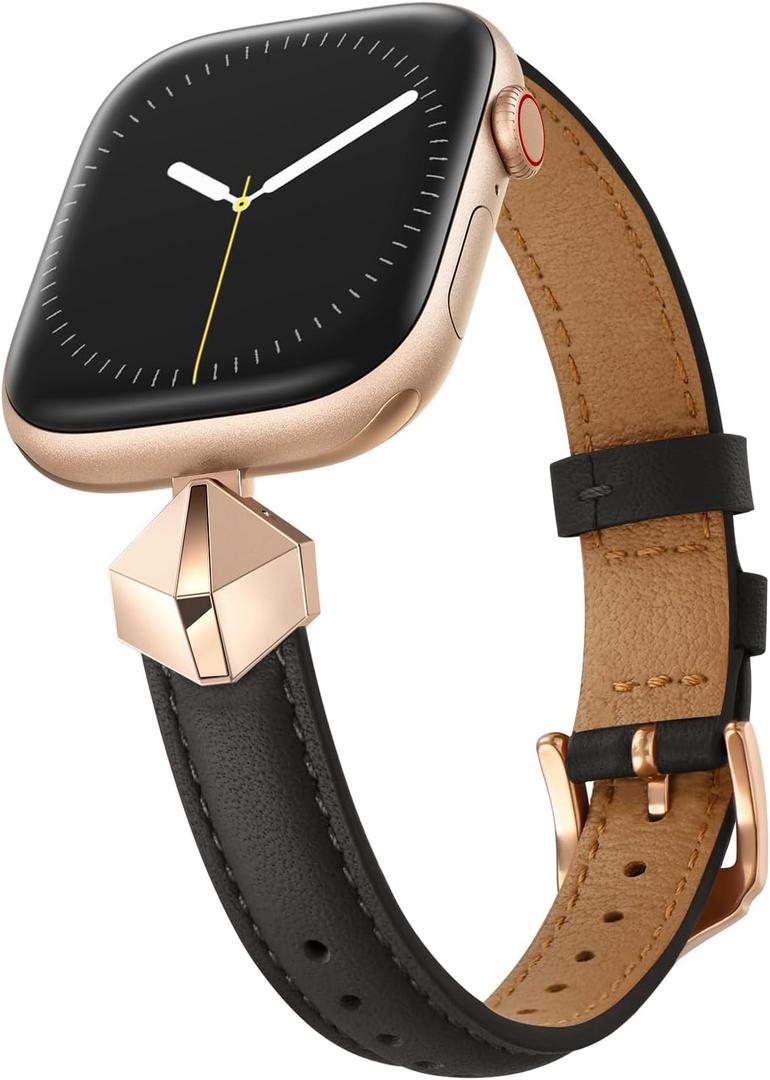 WFEAGL Leather Band Compatible with Apple Watch Bands Women 38mm 40mm 41mm 42mm(Series 11/10),Dressy Slim Grain Genuine Leather band for iWatch SE Series 11/10/9/8/7/6/5/4/3/2/1-Black/RoseGold