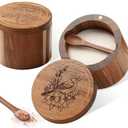 Timtopno Salt Cellar, 2PCS Salt Container Acacia Wood Salt and Pepper Box for Countertop with Built-in Spoon & Swivel Lid, Wood Salt Holder Bowl for Kitchen, Seasoning Storage (Rose & Bird Engraving)