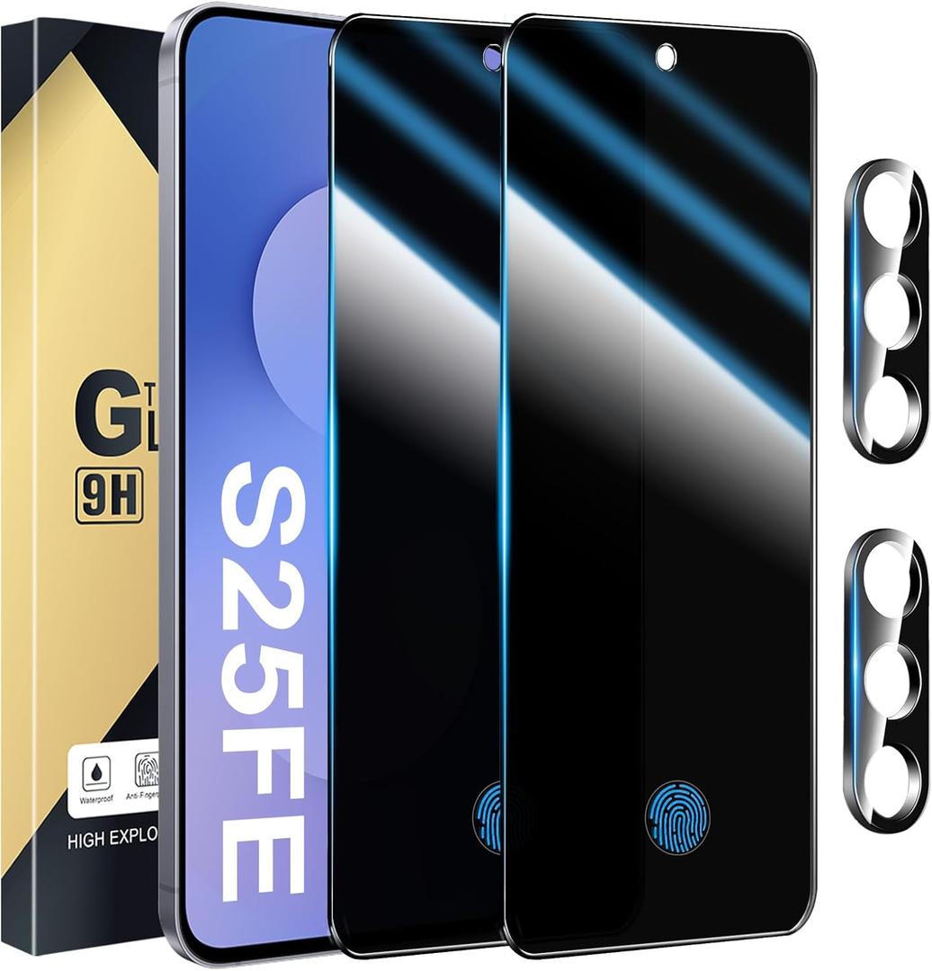 2+2 Pack Privacy Screen Protector Compatible with Galaxy S25 FE 5G - 2 Tempered Film + 2 Camera Lens Glass - High Clarity - Bubble Free - Anti-Spy Protection - Anti-Shatter