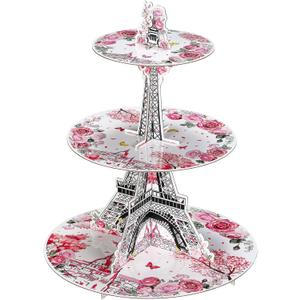 Honeydak 3 Tier Paris Party Cupcake Stand Decorations Pink Paris Theme Cupcake Holder Decorations Eiffel Tower Dessert Tower for Kids European City Landscape Pink Theme Party Birthday Supplies
