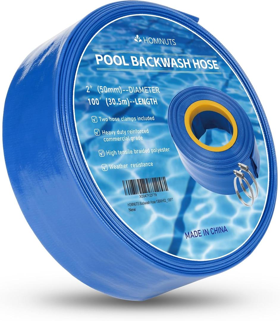 Pool Backwash Hose 2 IN x 100 FT Blue Pool Pipes with Two Stainless Steel Clamps for Swimming Pool, Garden, Water Transfer