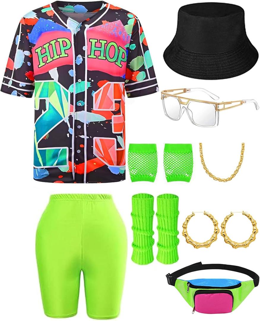 80s 90s Outfit for Women Hip Hop Costume Baseball Jersey Shirt Shorts Set, 90s Outfits Women Costume (3X-Large, Black)
