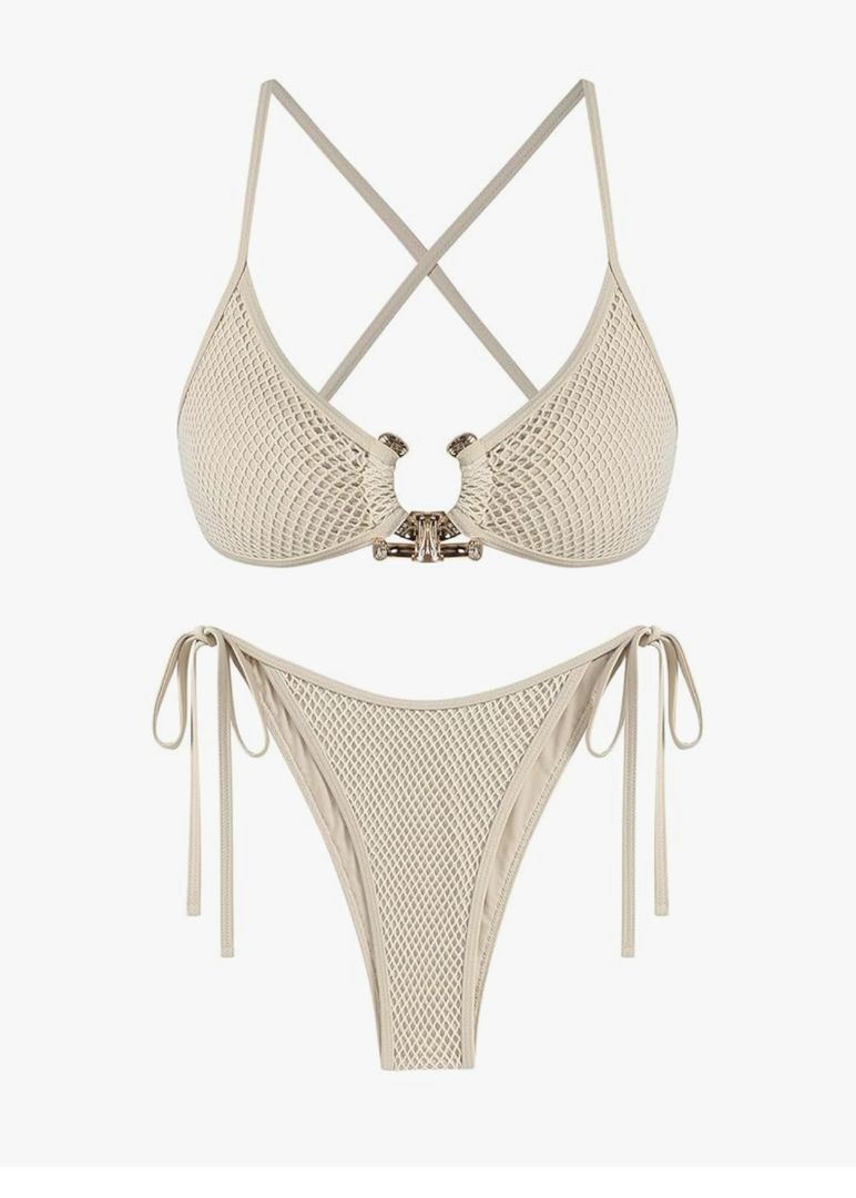 ZAFUL Women's Sexy Cutout Bikini Set High Cut Textured Metal Ring Cheeky Swimsuit Two Piece Bathing Suit, Size -M
