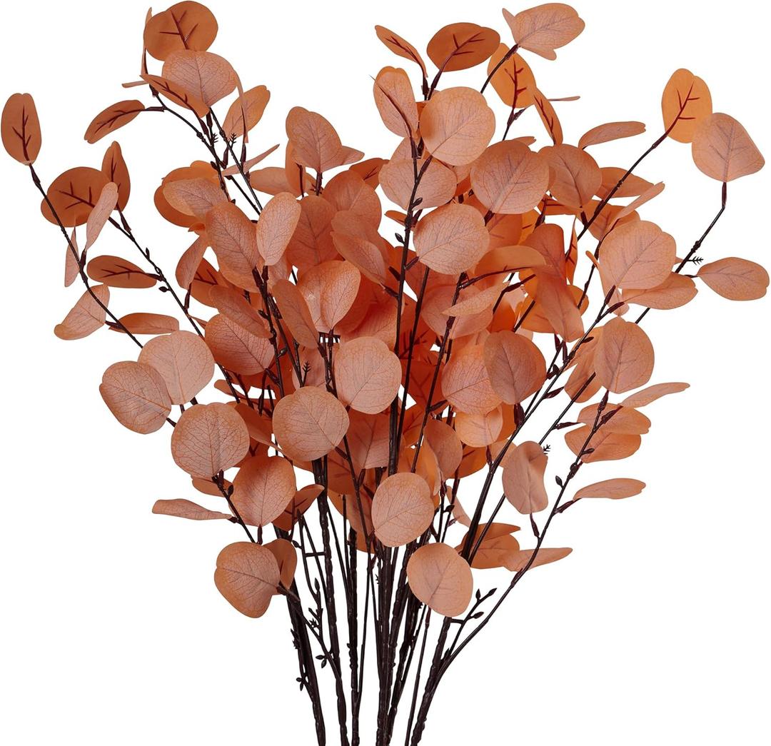 7PCS Long Artificial Eucalyptus Stems 35.4" Tall Fake Branches With Silk Apple Leaves Faux Fall Orange Plants Bouquet Flowers Arrangements Accessories For Home Fireplace Table Vase Decorations