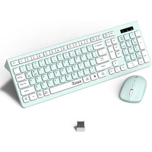 Wireless Keyboard and Mouse Combo, Full-Sized Wireless Keyboard and Adjustable DPI Mouse, 2.4GHz USB Receiver, Wireless Keyboard and Mouse for PC, Windows, Desktop, Laptop (Mint Green and White)