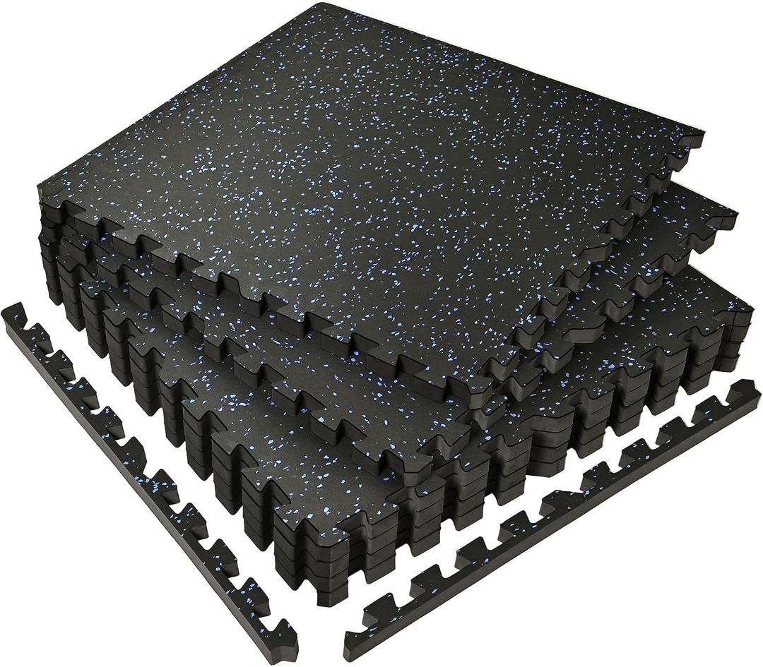 SUPERJARE 0.56'' Thick 6 Pcs 24 Sq Ft Rubber Top Exercise Equipment Mats, High Density EVA Foam Mats with Rubber Top, Interlocking Gym Flooring for Home Gym, Protective Workout Mat, Black/Blue