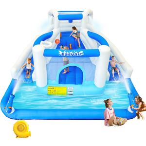 Inflatable Bounce House for Kids, 12.1 FT x 10.3 FT Small Blow Up Water Slide for Backyard, Dual Slides, Bouncy Castle, Climbing Wall, Basketball Hoops, Included Blower
