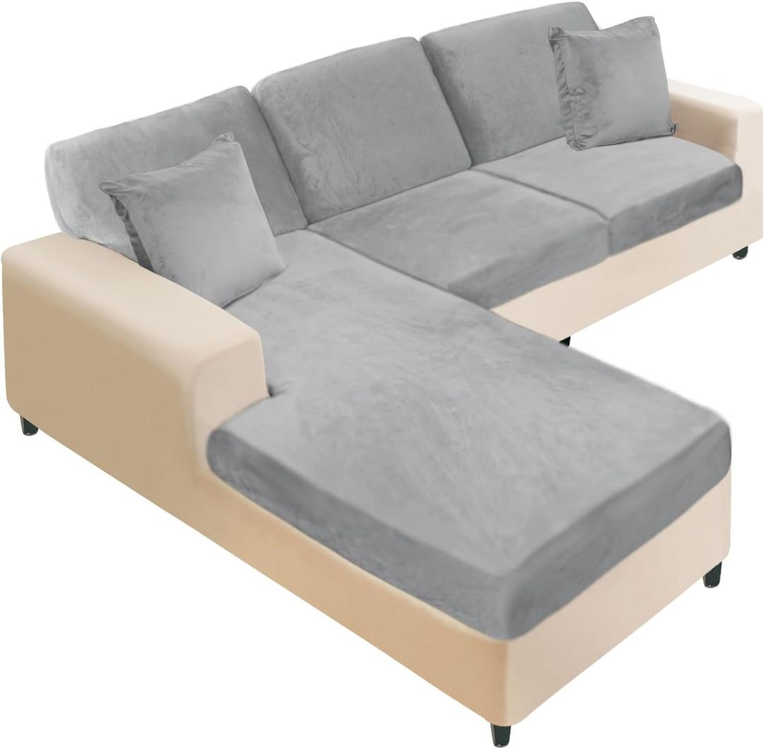 NAISI Sectional Couch Covers 6 Pieces Velvet Couch Cushion Covers L Shape Soft Stretch Sofa Slipcovers with 2pcs Pillowcases for Left/Right Chaise Sectional Couch(2 Seater+1 Chaise+3 Back,Light Grey) (2 Seater+1 Chaise+3 Back, Light Grey)